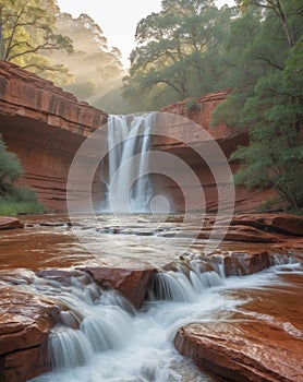 Red Rock Waterfall Landscape with Fast Moving Water.