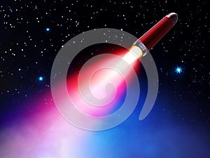 Red rocket flies in space