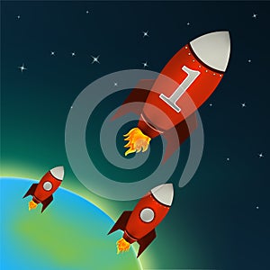 Red Rockets flying in outer space. Vector