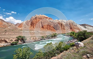 Red Rocks along Kokemeren River near Kyzyl-Oi, Kyrgyzstan taken