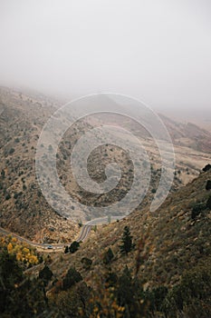 Red Rocks Amphitheater on a foggy day