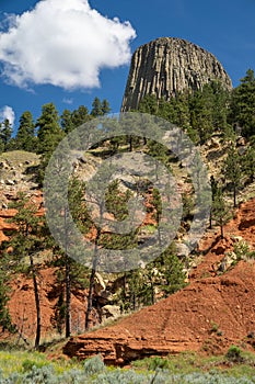 Red rocks in front of Devils Tower National Monument in Wyoming