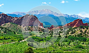 Red rocks in Garden of the Gods and Pikes Peak in Colorado Springs Colorado