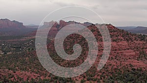 Red rocks of Sedona, Cathedral rock in background, aerial drone