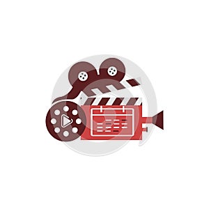 Red roll camera film studio movie maker logo and icon