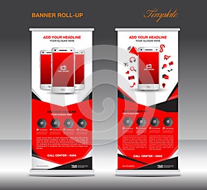 Red Roll up banner template and Mobile infographics