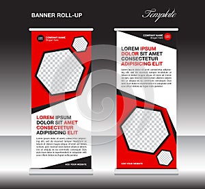 Red roll up banner template, stand template, stand design, banner design, display template, polygon background, pull