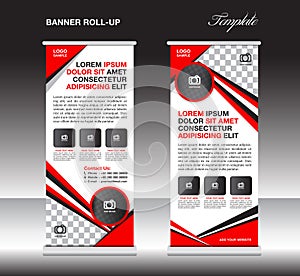 Red roll up banner template, stand template, stand design, banner design, pull up, advertisement, polygon background vector illus