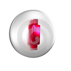 Red Rolling pin icon isolated on transparent background. Silver circle button.