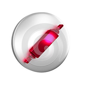 Red Rolling pin icon isolated on transparent background. Silver circle button.