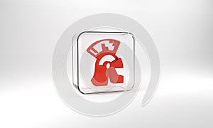 Red Roman army helmet icon isolated on grey background. Glass square button. 3d illustration 3D render