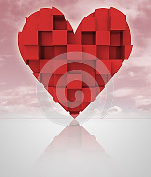 Red romantic dimensional cubic heart with cloudy sky