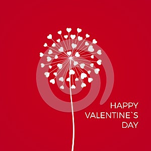 Red Romantic Valentine`s background. White Dandelions with hearts. February 14 holiday of love. Vector