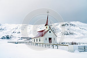 Red Roof Chapel in Snowy Iceland Village