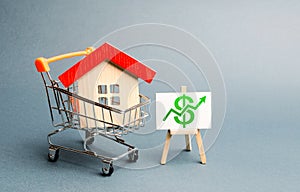 A red roof house in a trading cart and green arrow up on a stand. Increasing the cost and liquidity of real estate. Attractive