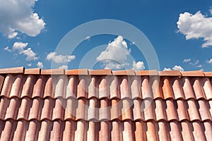 Red roof tile pattern over blue sky.