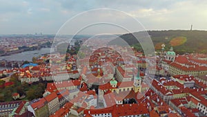 Red rooftop buildings in Czech Republic, bridges in Prague, air