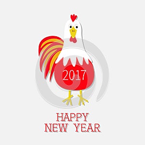 Red Rooster bird. 2017 Happy New Year text symbol Chinese calendar. Cute cartoon funny character with big feather tail. Baby