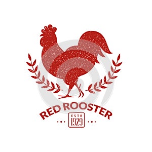Red Rooster Label with Poultry Silhouette, Restaurant Menu, Packaging, Farm Market, Butcher Shop Retro Badge Vector