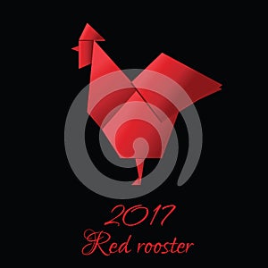 Red Rooster in Origami Style, 2017 new year symbol of red on black