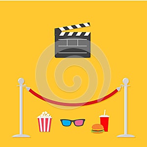 Red rope barrier stanchions turnstile Open movie clapper board 3D glasses popcorn soda hamburger template icon. Flat design