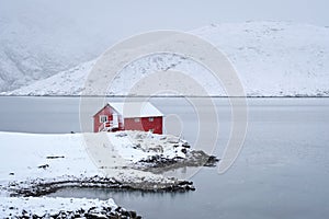 Red rorbu house in winter, Lofoten islands, Norway