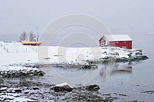 Red rorbu house in winter, Lofoten islands, Norway