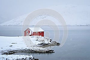 Red rorbu house in winter, Lofoten islands, Norway