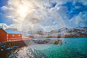 Red rorbu houses, Lofoten islands, Norway