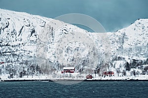 Red rorbu houses in Norway in winter