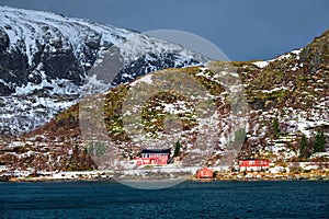 Red rorbu houses in Norway in winter