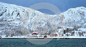 Red rorbu houses in Norway in winter