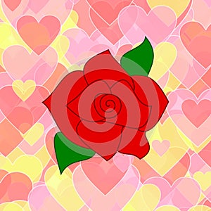 Red rose on a background of pink and yellow hearts