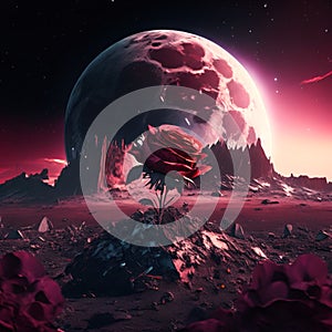 Red rose on the background of the planet. AI Generated