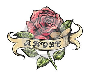 Red Rose and Banner with Lettering Amore Tattoo