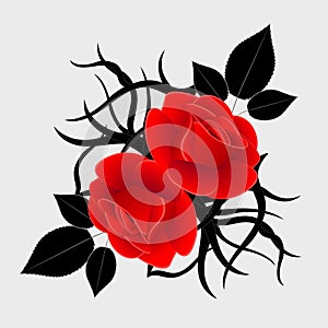 Red rose with black design elements is isolated on a gray background.