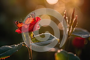 Red rose blooming in enchanted garden. Butterflies take flight., generative IA