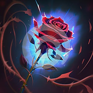 a red rose with blue light shining through it\'s petals and leaves on a dark background with a swirly pattern