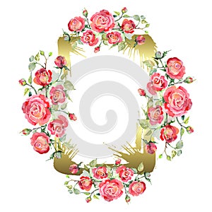 Red rose bouquet floral botanical flowers. Watercolor background illustration set. Frame border ornament square.