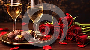 Red rose bouquet with two glasses of wine and chocalate praline on the table, romantic dinner concept, Valentine s day background