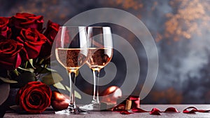 Red rose bouquet and two glasses of wine on the table, romantic dinner concept, Valentine s day background. Generative AI