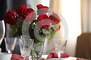 red rose bouquet in vase on dining table, setting the scene for a romantic dinner