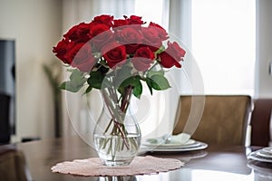 red rose bouquet in vase on dining table, setting the scene for a romantic dinner