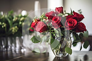 red rose bouquet in vase, with greenery and glassware visible