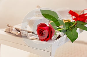 Red rose on breakfast set table set  in luxury hotel suite. Love, Valentine day