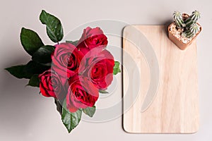 Red rose and cactus on a board