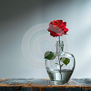 Red rose delicately placed inside heart shaped glass bottle, romantic
