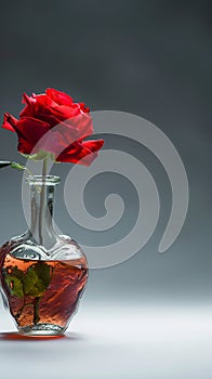 Red rose delicately placed inside heart shaped glass bottle, romantic