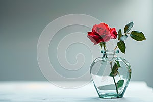 Red rose delicately placed inside heart shaped glass bottle, romantic