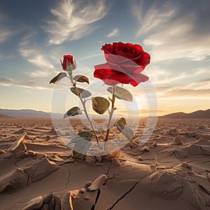 Red rose in the desert on a sunny day. High quality photo